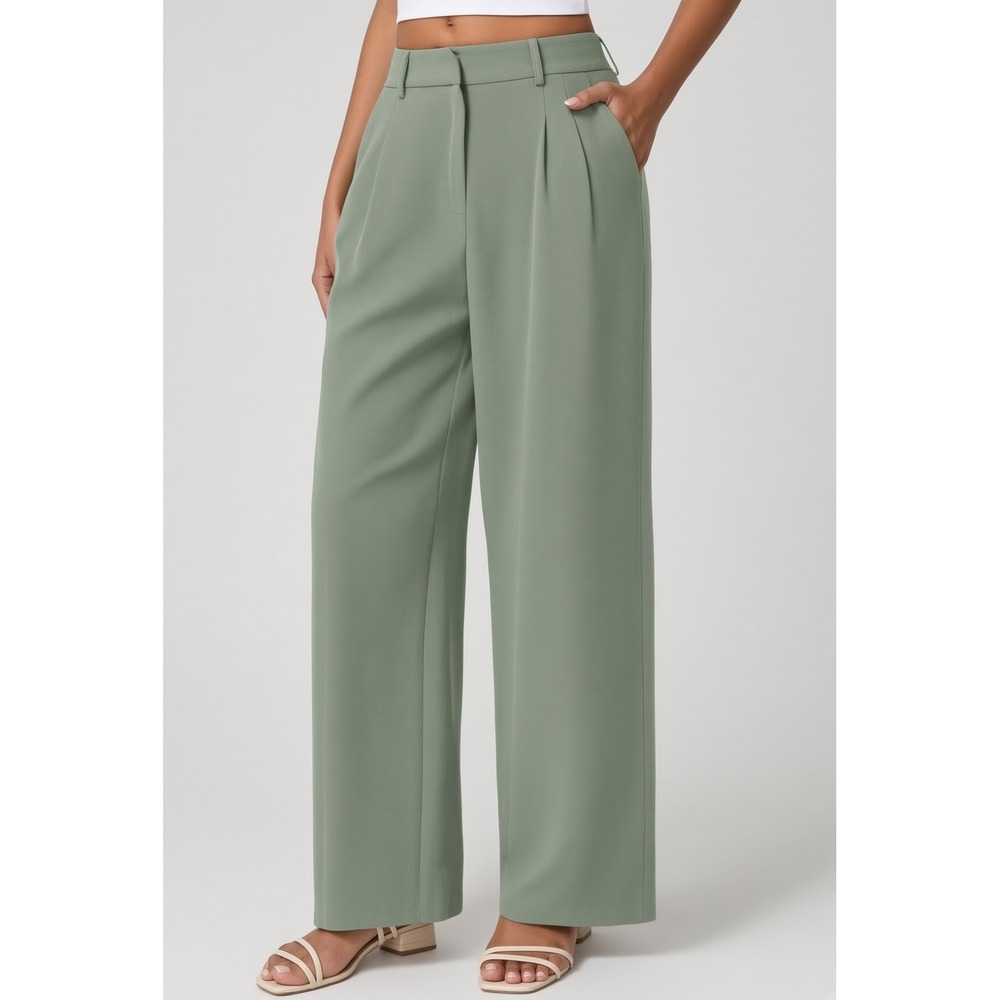 Qinsen Wide Leg Dress Pants Women L 12 NEW TrousersHigh Rise Pleated Green